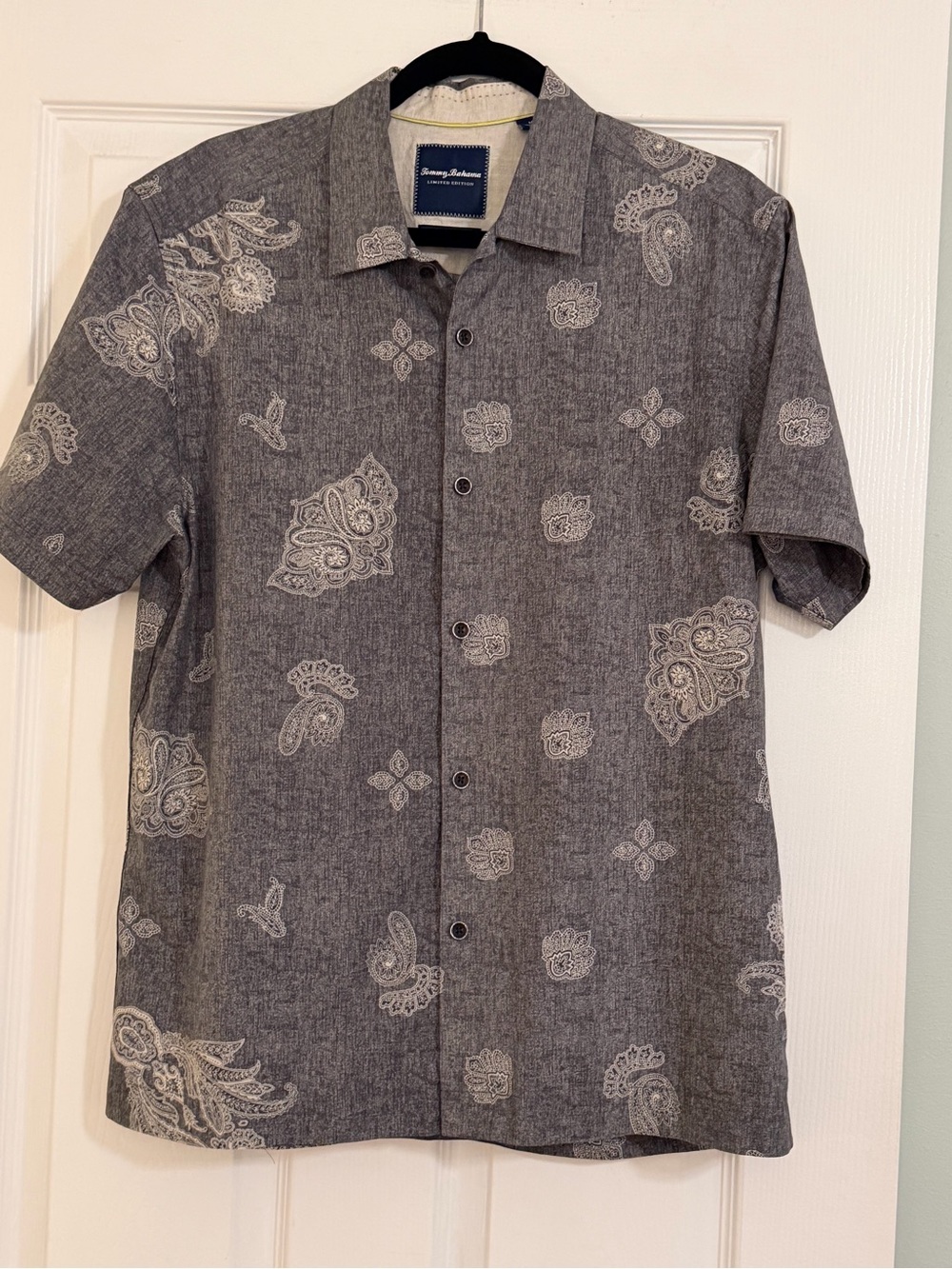 Tommy Bahama Limited Edition Silk Blend Grey Short-Sleeve Paisley Shirt
